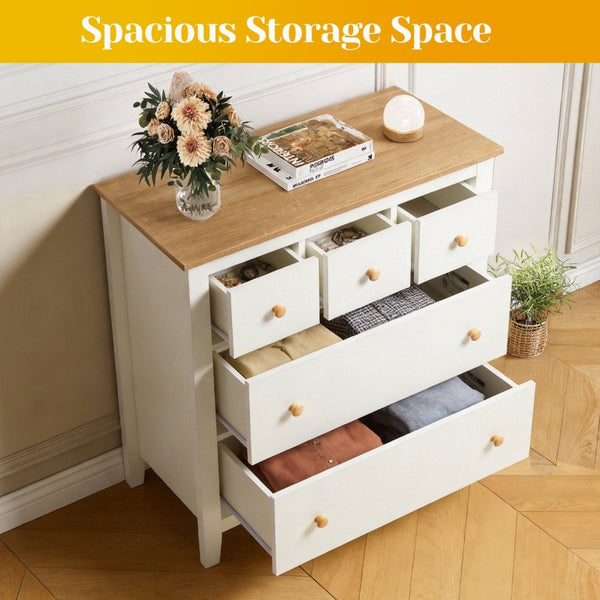 English Elm Large Five Drawer Nightstand White Wood Two Tone Bedside with Natural Knobs for Bedroom T6051P606451