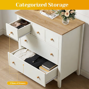 English Elm Large Five Drawer Nightstand White Wood Two Tone Bedside with Natural Knobs for Bedroom T6051P606451