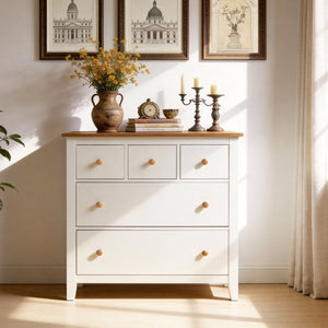 English Elm Large Five Drawer Nightstand White Wood Two Tone Bedside with Natural Knobs for Bedroom T6051P606451