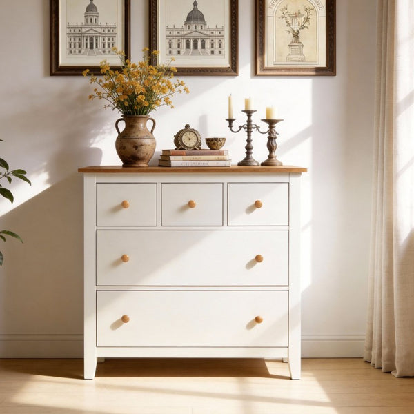 English Elm Large Five Drawer Nightstand White Wood Two Tone Bedside with Natural Knobs for Bedroom T6051P606451