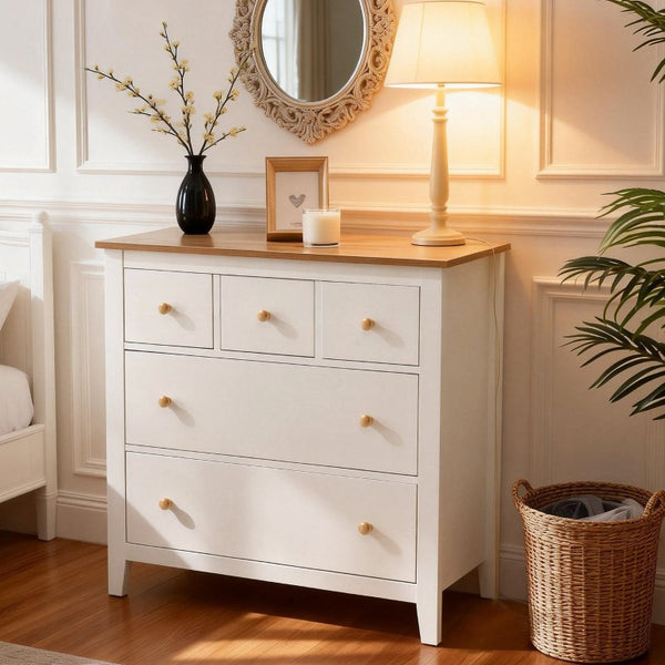 English Elm Large Five Drawer Nightstand White Wood Two Tone Bedside with Natural Knobs for Bedroom T6051P606451