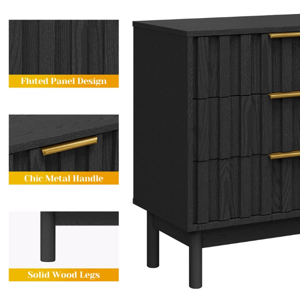 English Elm 3 Drawer Chest with Rounded Edges Smooth Glides Waterproof Top for Bedroom Storage Black T6051P606463