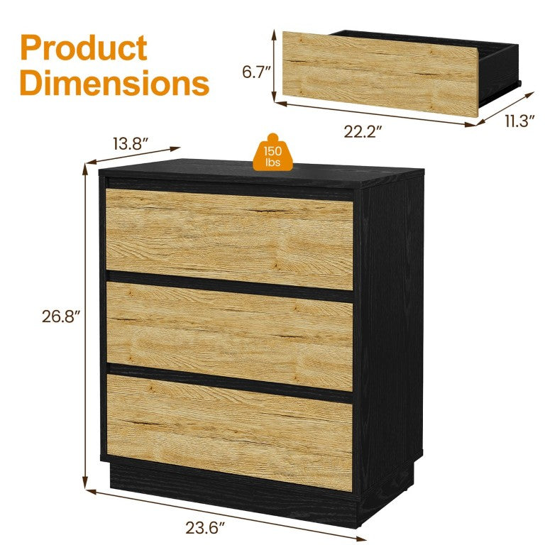English Elm Large Modern Nightstand Three Drawer Hidden Pull Bedside Table in Black Wood Tone T6051P608719