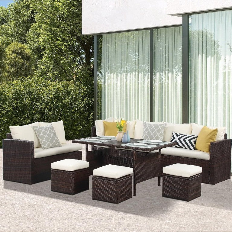 English Elm 7 Piece Outdoor Rattan Sectional Set with Steel Frame Cushioned Sofa Chairs and Ottoman T6051S00001
