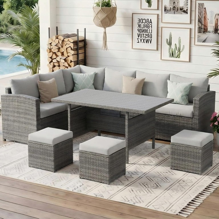 English Elm 7 Piece Outdoor Wicker Sectional with Ottomans Ergonomic High Back Patio Sofa Set T6051S00002