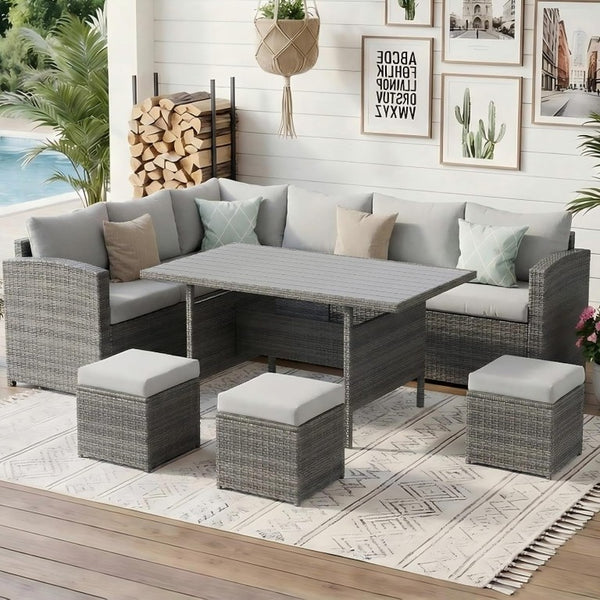 English Elm 7 Piece Outdoor Wicker Sectional with Ottomans Ergonomic High Back Patio Sofa Set T6051S00002