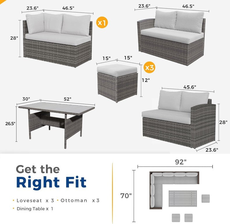 English Elm 7 Piece Outdoor Wicker Sectional with Ottomans Ergonomic High Back Patio Sofa Set T6051S00002