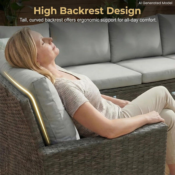 English Elm 7 Piece Outdoor Wicker Sectional with Ottomans Ergonomic High Back Patio Sofa Set T6051S00002