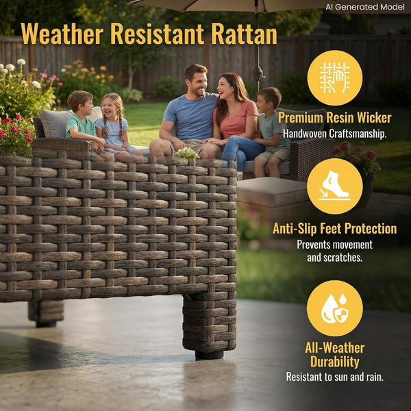 English Elm 7 Piece Outdoor Wicker Sectional with Ottomans Ergonomic High Back Patio Sofa Set T6051S00002