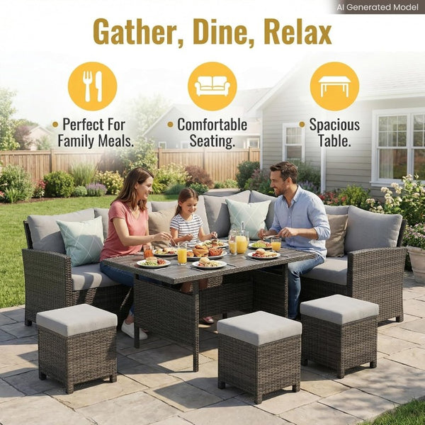 English Elm 7 Piece Outdoor Wicker Sectional with Ottomans Ergonomic High Back Patio Sofa Set T6051S00002