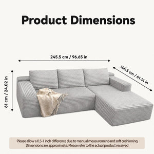 English Elm 94.5-Inch Corduroy Sectional Sofa with Chaise Cloud Sponge Fill for Modern Living Rooms Grey Left Side Lounge Chair T6117P512272