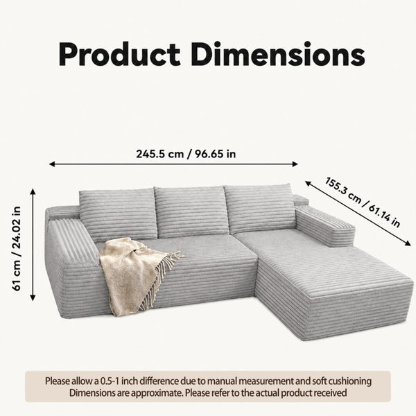 English Elm 94.5-Inch Corduroy Sectional Sofa with Chaise Cloud Sponge Fill for Modern Living Rooms Grey Left Side Lounge Chair T6117P512272