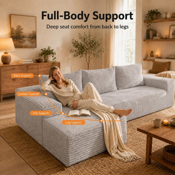 English Elm 94.5-Inch Corduroy Sectional Sofa with Chaise Cloud Sponge Fill for Modern Living Rooms Grey Left Side Lounge Chair T6117P512272