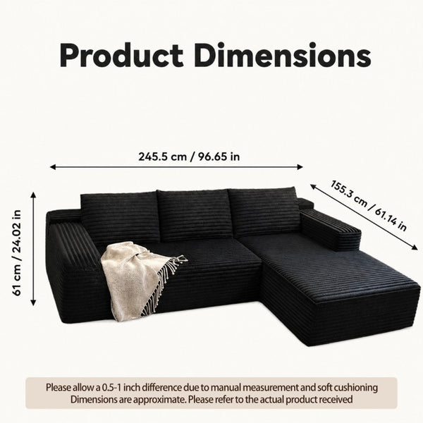 English Elm 94.5-Inch Corduroy Sectional Sofa with Chaise Cloud Sponge Fill for Modern Living Rooms Black Left Side Lounge Chair T6117P512276
