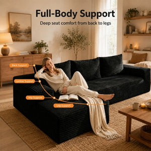 English Elm 94.5-Inch Corduroy Sectional Sofa with Chaise Cloud Sponge Fill for Modern Living Rooms Black Left Side Lounge Chair T6117P512276