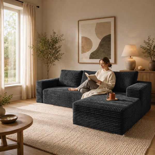 English Elm 94.5-Inch Corduroy Sectional Sofa with Chaise Cloud Sponge Fill for Modern Living Rooms Dark Gray Right Side Lounge Chair T6117P512277