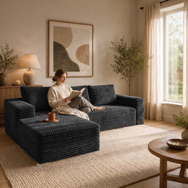 English Elm 94.5-Inch Corduroy Sectional Sofa with Chaise Cloud Sponge Fill for Modern Living Rooms Dark Gray Left Side Lounge Chair T6117P512278