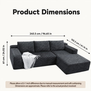 English Elm 94.5-Inch Corduroy Sectional Sofa with Chaise Cloud Sponge Fill for Modern Living Rooms Dark Gray Left Side Lounge Chair T6117P512278
