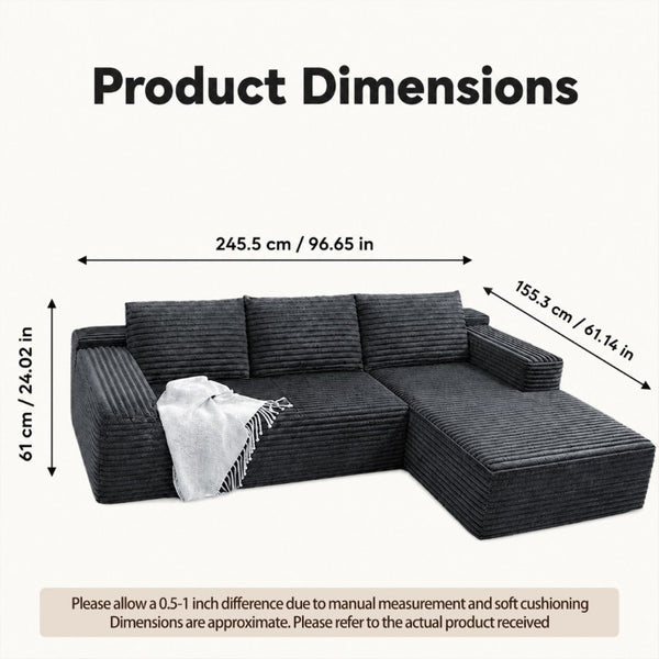 English Elm 94.5-Inch Corduroy Sectional Sofa with Chaise Cloud Sponge Fill for Modern Living Rooms Dark Gray Left Side Lounge Chair T6117P512278