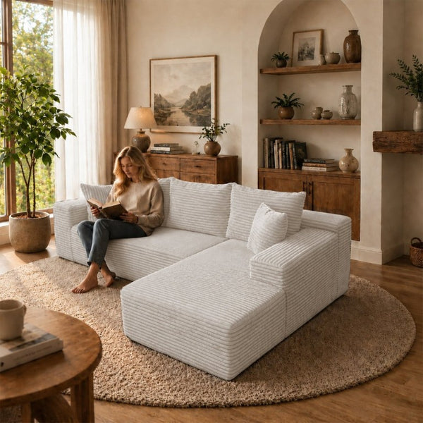 English Elm 105.1-Inch Corduroy Sectional Sofa with Chaise Cloud Cushions for Modern Living Rooms Gray Right Side Lounge Chair T6117S00002