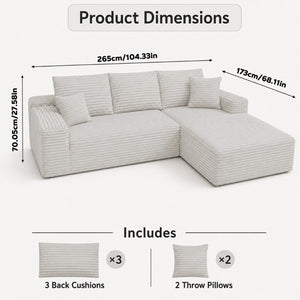English Elm 105.1-Inch Corduroy Sectional Sofa with Chaise Cloud Cushions for Modern Living Rooms Gray Right Side Lounge Chair T6117S00002