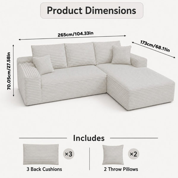 English Elm 105.1-Inch Corduroy Sectional Sofa with Chaise Cloud Cushions for Modern Living Rooms Gray Right Side Lounge Chair T6117S00002