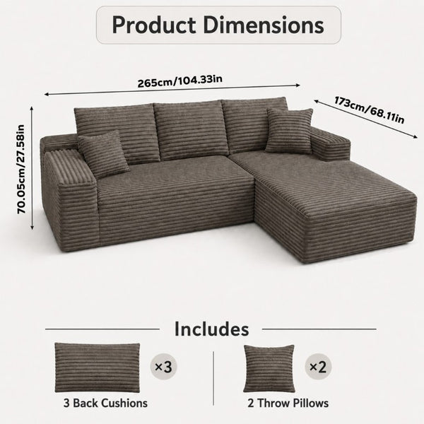 English Elm 105.1-Inch Corduroy Sectional Sofa with Chaise Cloud Cushions for Modern Living Rooms Coffee Right Side Lounge Chair T6117S00004