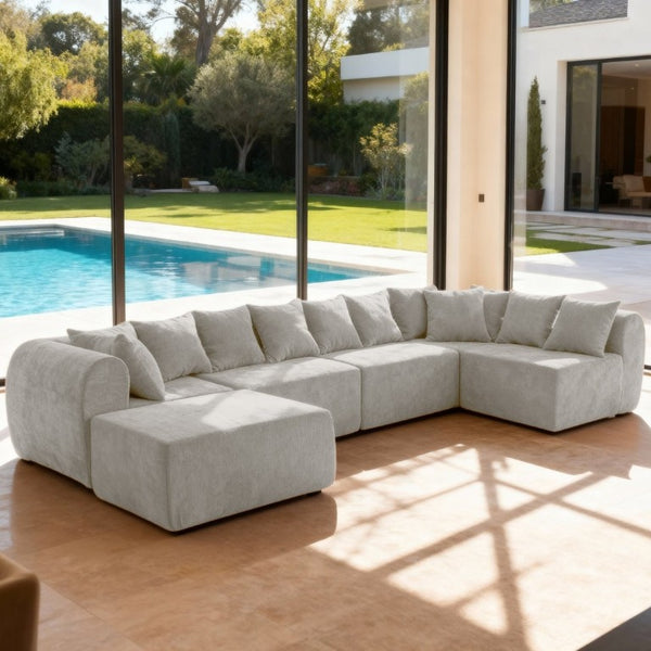 English Elm 137.7 Inch U-Shaped Chenille Modular Sectional with Dual Chaise Deep Seat Cloud Sofa Beige White T6117S00005