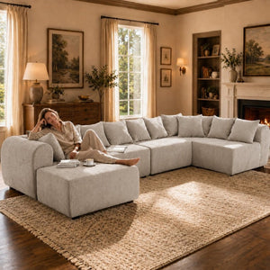 English Elm 137.7 Inch U-Shaped Chenille Modular Sectional with Dual Chaise Deep Seat Cloud Sofa Beige White T6117S00005
