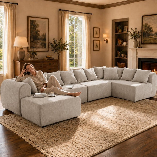 English Elm 137.7 Inch U-Shaped Chenille Modular Sectional with Dual Chaise Deep Seat Cloud Sofa Beige White T6117S00005
