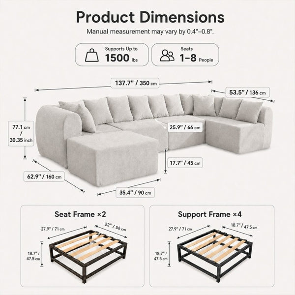 English Elm 137.7 Inch U-Shaped Chenille Modular Sectional with Dual Chaise Deep Seat Cloud Sofa Beige White T6117S00005