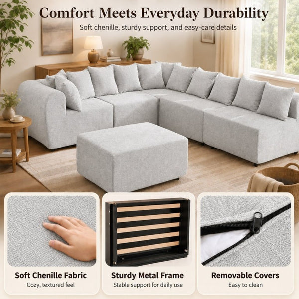 English Elm 137.7 Inch U-Shaped Chenille Modular Sectional with Dual Chaise Deep Seat Cloud Sofa Beige White T6117S00005