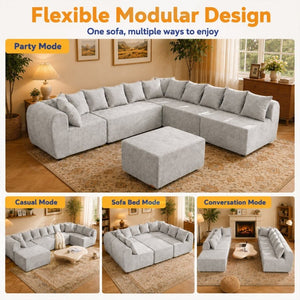 English Elm 137.7 Inch U-Shaped Chenille Modular Sectional with Dual Chaise Deep Seat Cloud Sofa Beige White T6117S00005