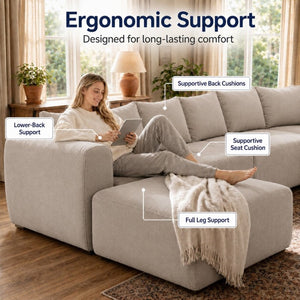 English Elm 137.7 Inch U-Shaped Chenille Modular Sectional with Dual Chaise Deep Seat Cloud Sofa Beige White T6117S00005