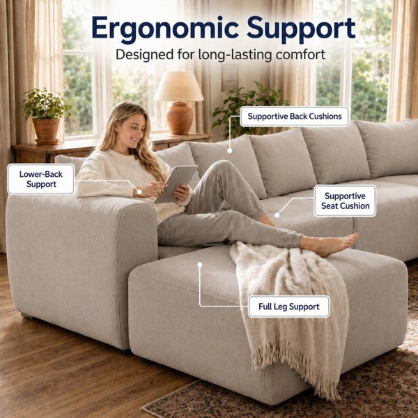 English Elm 137.7 Inch U-Shaped Chenille Modular Sectional with Dual Chaise Deep Seat Cloud Sofa Beige White T6117S00005
