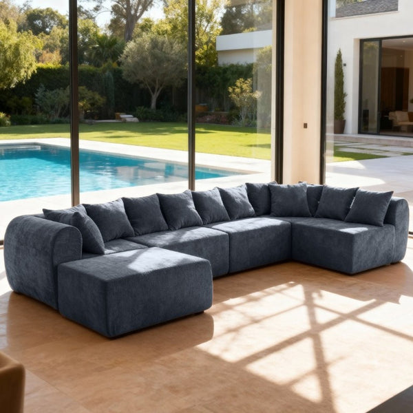 English Elm 137.7 Inch U-Shaped Chenille Modular Sectional with Dual Chaise Deep Seat Cloud Sofa Blue T6117S00007