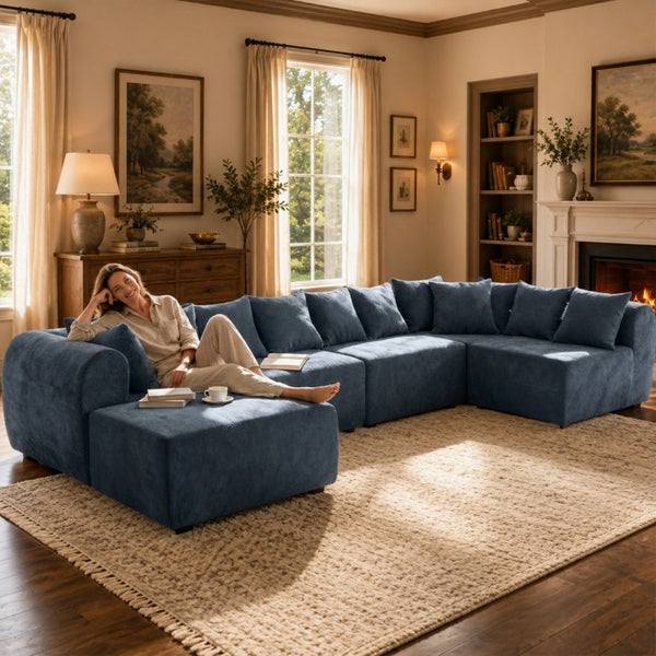 English Elm 137.7 Inch U-Shaped Chenille Modular Sectional with Dual Chaise Deep Seat Cloud Sofa Blue T6117S00007