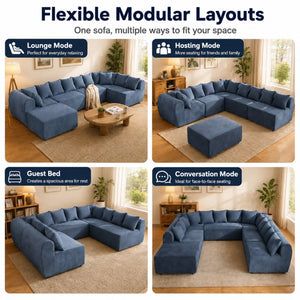 English Elm 137.7 Inch U-Shaped Chenille Modular Sectional with Dual Chaise Deep Seat Cloud Sofa Blue T6117S00007