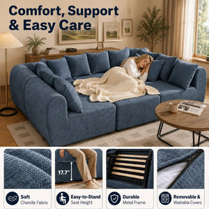 English Elm 137.7 Inch U-Shaped Chenille Modular Sectional with Dual Chaise Deep Seat Cloud Sofa Blue T6117S00007