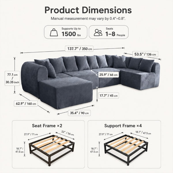 English Elm 137.7 Inch U-Shaped Chenille Modular Sectional with Dual Chaise Deep Seat Cloud Sofa Blue T6117S00007