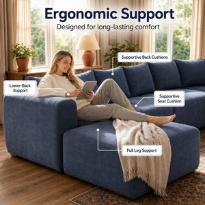English Elm 137.7 Inch U-Shaped Chenille Modular Sectional with Dual Chaise Deep Seat Cloud Sofa Blue T6117S00007