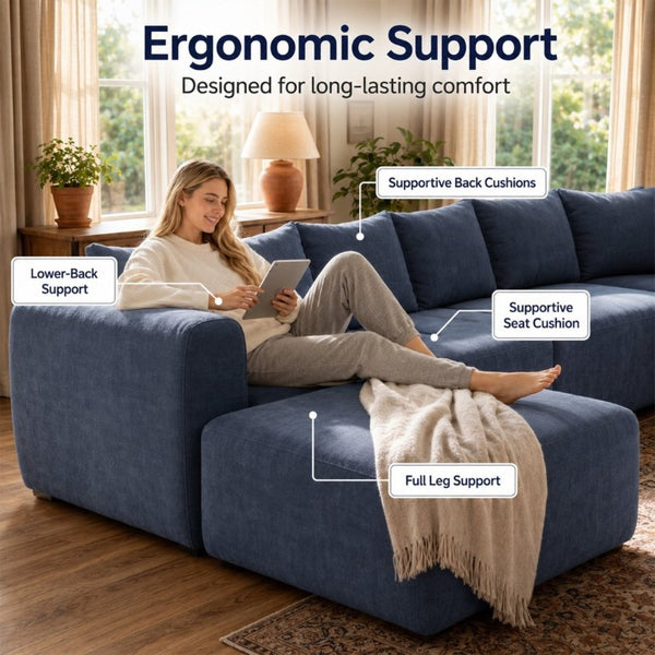 English Elm 137.7 Inch U-Shaped Chenille Modular Sectional with Dual Chaise Deep Seat Cloud Sofa Blue T6117S00007