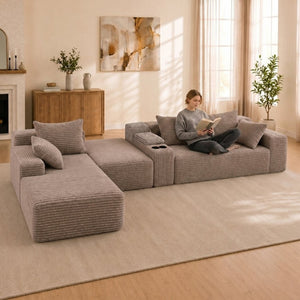 English Elm 144 Inch Corduroy Modular Sectional Deep Seat U Shape Sofa with Storage for Living Rooms T6117S00011