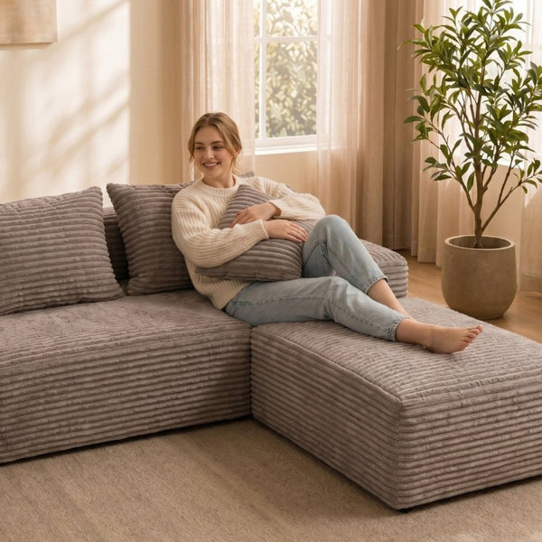 English Elm 144 Inch Corduroy Modular Sectional Deep Seat U Shape Sofa with Storage for Living Rooms T6117S00011