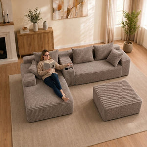 English Elm 144 Inch Corduroy Modular Sectional Deep Seat U Shape Sofa with Storage for Living Rooms T6117S00011