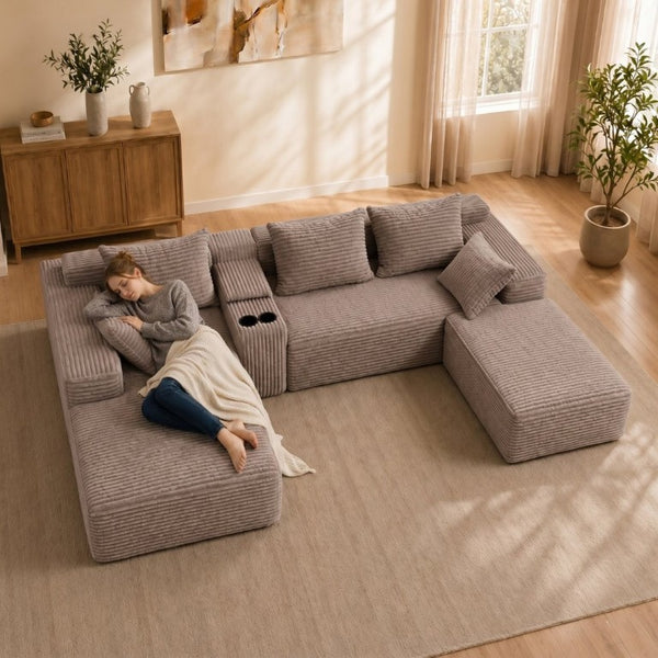 English Elm 144 Inch Corduroy Modular Sectional Deep Seat U Shape Sofa with Storage for Living Rooms T6117S00011