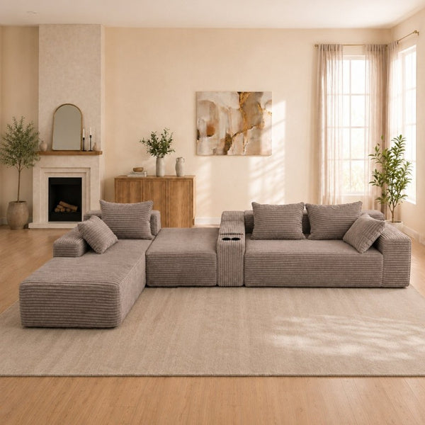 English Elm 144 Inch Corduroy Modular Sectional Deep Seat U Shape Sofa with Storage for Living Rooms T6117S00011