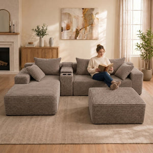 English Elm 144 Inch Corduroy Modular Sectional Deep Seat U Shape Sofa with Storage for Living Rooms T6117S00011
