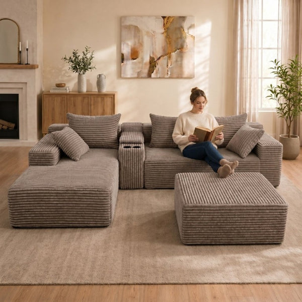 English Elm 144 Inch Corduroy Modular Sectional Deep Seat U Shape Sofa with Storage for Living Rooms T6117S00011