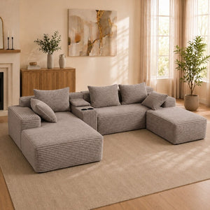 English Elm 144 Inch Corduroy Modular Sectional Deep Seat U Shape Sofa with Storage for Living Rooms T6117S00011